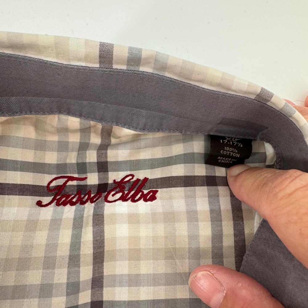 Tasso Elba Button Down Shirt Mens XL Plaid 100% Cotton Classic Fit Tan Grey - Picture 3 of 7